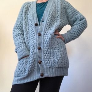 Hand Loomed Blue Thick Irish Wool Cardigan Sweater